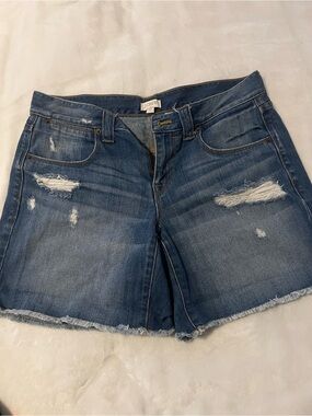 J. Crew Ripped Mid-Blue Denim Shorts with Frayed Hem
